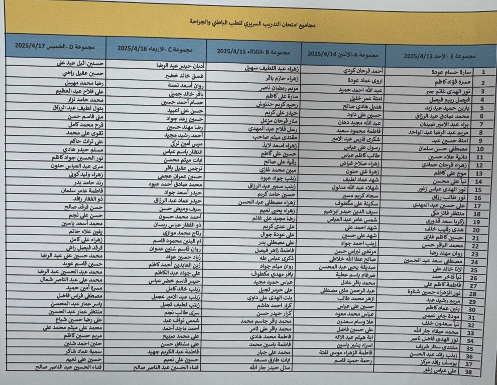 كلية الطب تعلن مواعيد اجراء الاختبارات السريرية النهائية لمادة الطب الباطني والجراحة العامة لطلبة المرحلة الثالثة وحسب مجاميع الطلبة